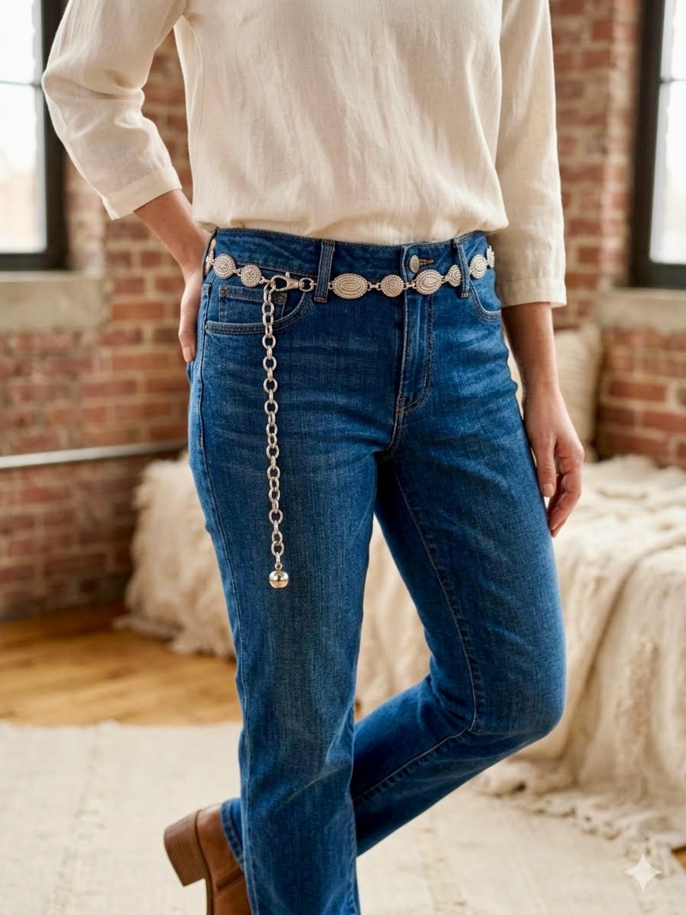 CHICO’S Silvertone Ornate Medallion Chain Belt, Western Adjustable Waist Belt
